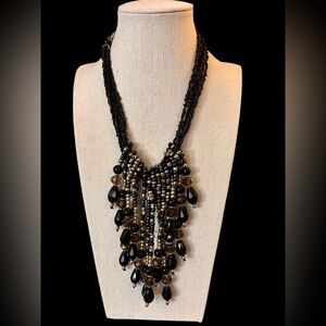 Vintage Artisan Black Glass Seed Beads Bib Necklace